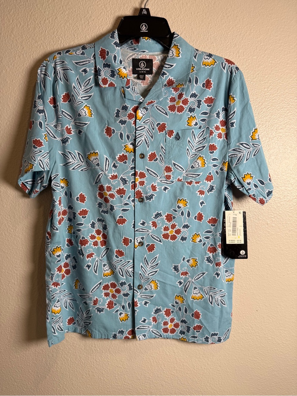 Volcom Light Blue Floral Short-Sleeve Button-Down Shirt Size XL Boys